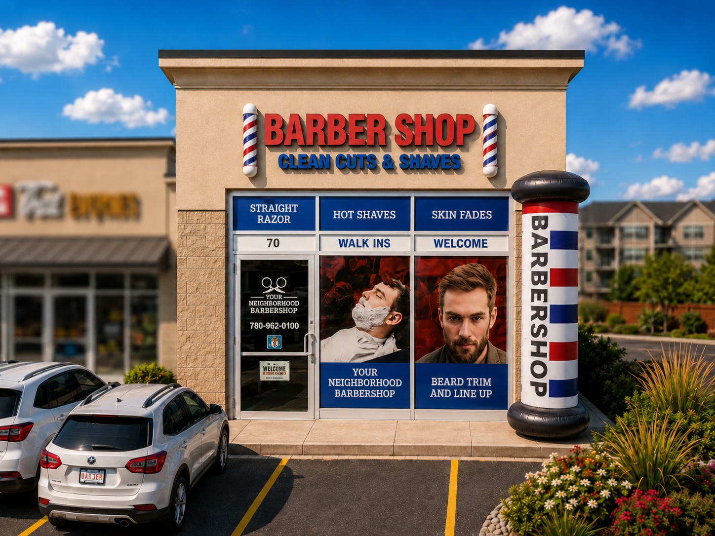 A front-facing premium render of The Ridge Barbershop storefront in Spruce Grove